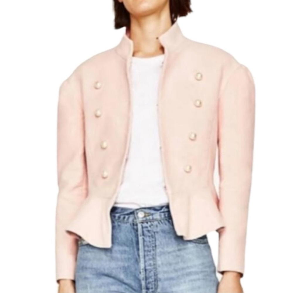 Zara blush pink felt pearl button tailored military peplum jacket blazer M